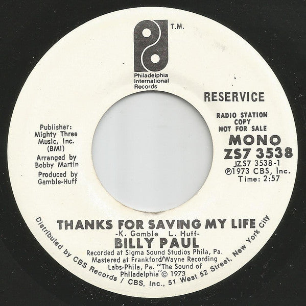 Billy Paul : Thanks For Saving My Life (7", Single, Promo)