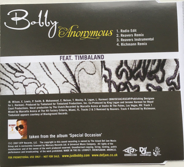 Bobby Valentino (2) Feat. Timbaland : Anonymous (CD, Single, Promo)