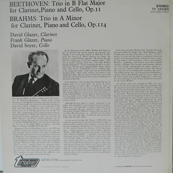 Johannes Brahms / Ludwig Van Beethoven : Trio In A Minor For Clarinet, Cello & Piano, Op. 114 / Trio In B Flat Major For Clarinet, Cello & Piano, Op. 11 (LP, Album)