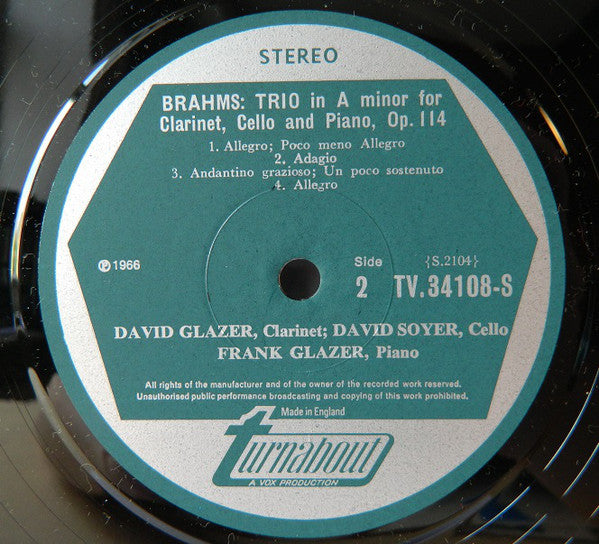 Johannes Brahms / Ludwig Van Beethoven : Trio In A Minor For Clarinet, Cello & Piano, Op. 114 / Trio In B Flat Major For Clarinet, Cello & Piano, Op. 11 (LP, Album)