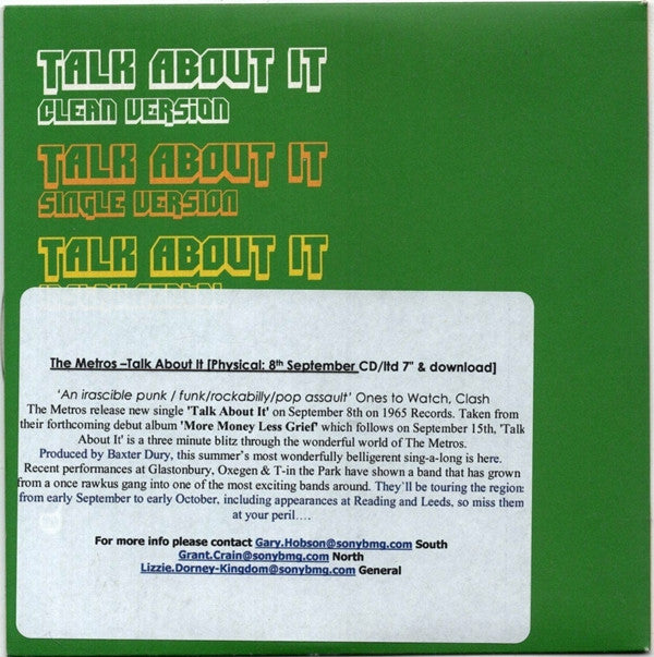 The Metros (2) : Talk About It (CD, Single, Promo)
