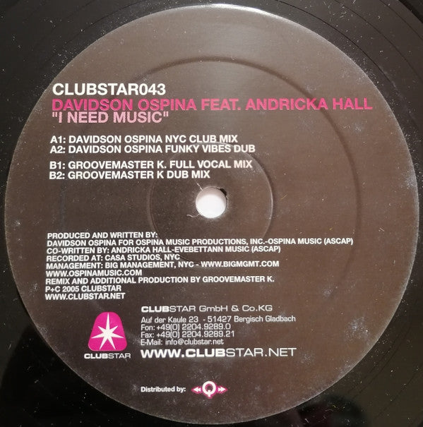 Davidson Ospina : I Need Music (12")