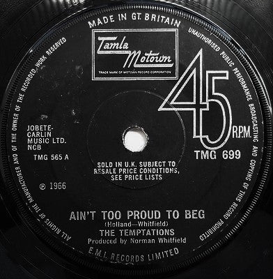 The Temptations : Ain't Too Proud To Beg / Fading Away (7", Single, Mono, Sol)
