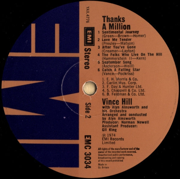 Vince Hill With The Alyn Ainsworth Orchestra : Thanks A Million (LP, Album)
