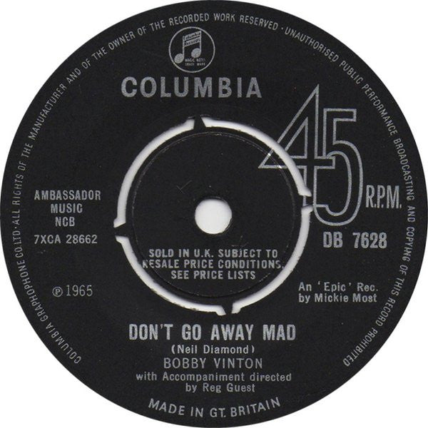 Bobby Vinton : Don't Go Away Mad / Lonely Girl (7", Single)