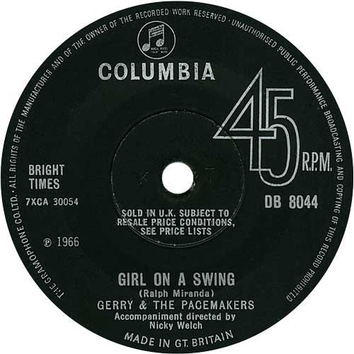 Gerry & The Pacemakers : Girl On A Swing  (7", Single)