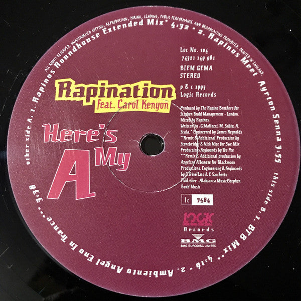 The Rapino Brothers Feat. Carol Kenyon : Here's My A (12", Maxi)