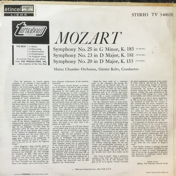 Wolfgang Amadeus Mozart, Mainzer Kammerorchester, Günter Kehr : Three Early Symphonies (LP, Album)