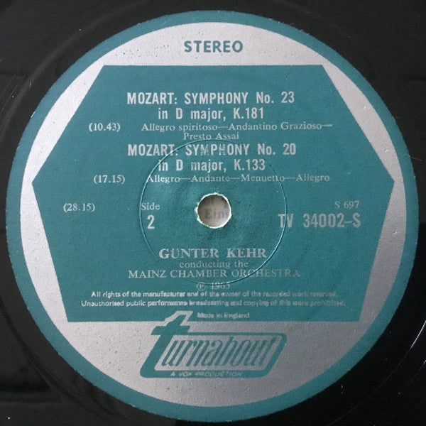 Wolfgang Amadeus Mozart, Mainzer Kammerorchester, Günter Kehr : Three Early Symphonies (LP, Album)