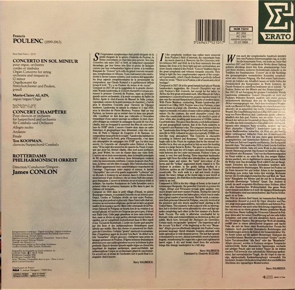 Francis Poulenc - Marie-Claire Alain, Ton Koopman, Rotterdams Philharmonisch Orkest, James Conlon : Concerto Pour Orgue / Concert Champêtre Pour Clavecin (LP)