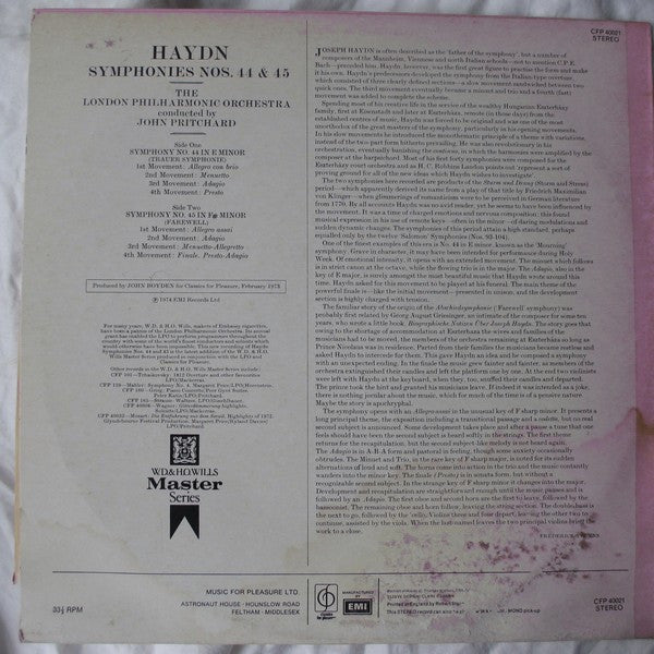 Joseph Haydn, London Philharmonic Orchestra, John Pritchard : Symphony No. 44 In E Minor 'Trauer', Symphony No. 45 In F# Minor 'Farewell' (LP)