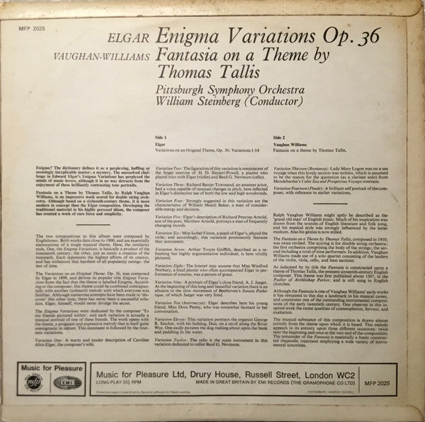Sir Edward Elgar / Ralph Vaughan Williams - William Steinberg Conducting Pittsburgh Symphony Orchestra : Enigma Variations / Fantasia On A Theme By Thomas Tallis (LP, Blu)