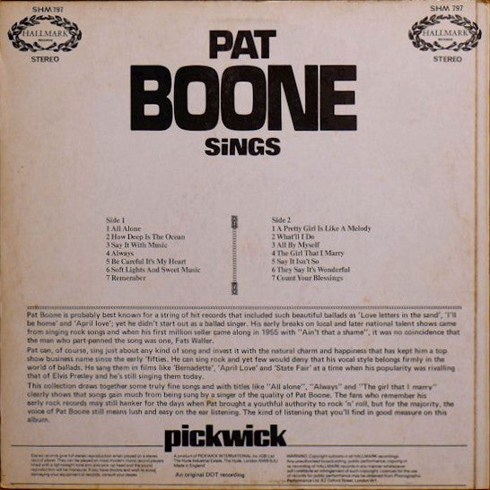 Pat Boone : Pat Boone Sings (LP, Album, RE)