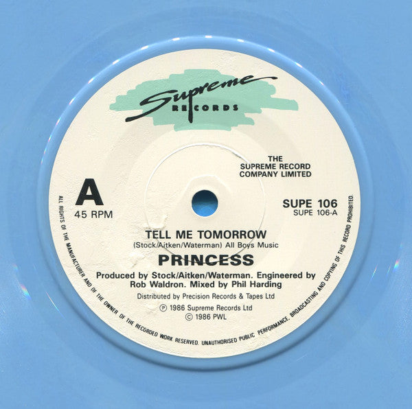 Princess : Tell Me Tomorrow (7", Single, Blu)