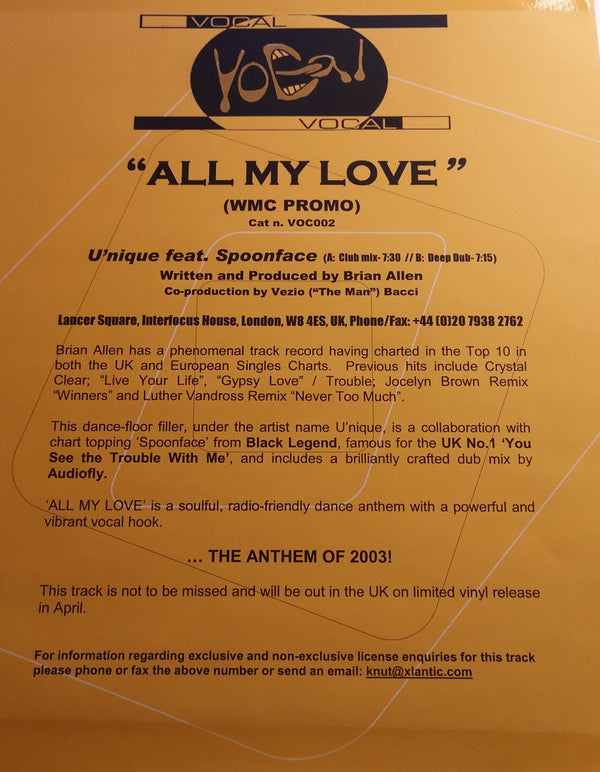 U'nique Feat. Spoonface : All My Love (12", Promo, W/Lbl)