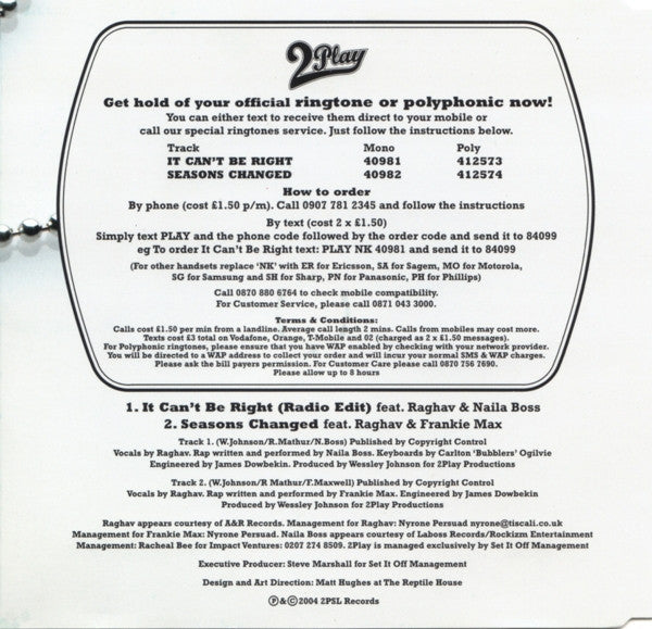 2Play Featuring Raghav & Naila Boss : It Can't Be Right (CD, Single, CD1)