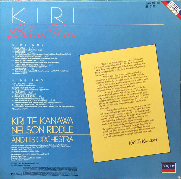 Kiri Te Kanawa - Nelson Riddle And His Orchestra : Blue Skies (LP)