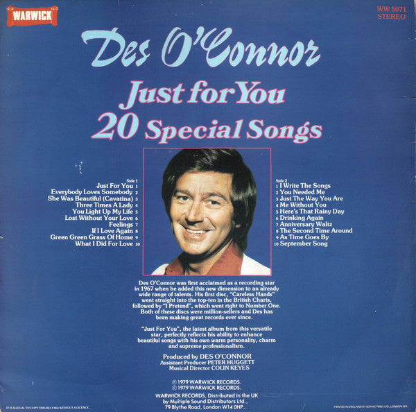 Des O'Connor : Just For You - 20 Special Songs (LP, Album)