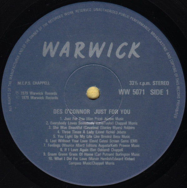 Des O'Connor : Just For You - 20 Special Songs (LP, Album)