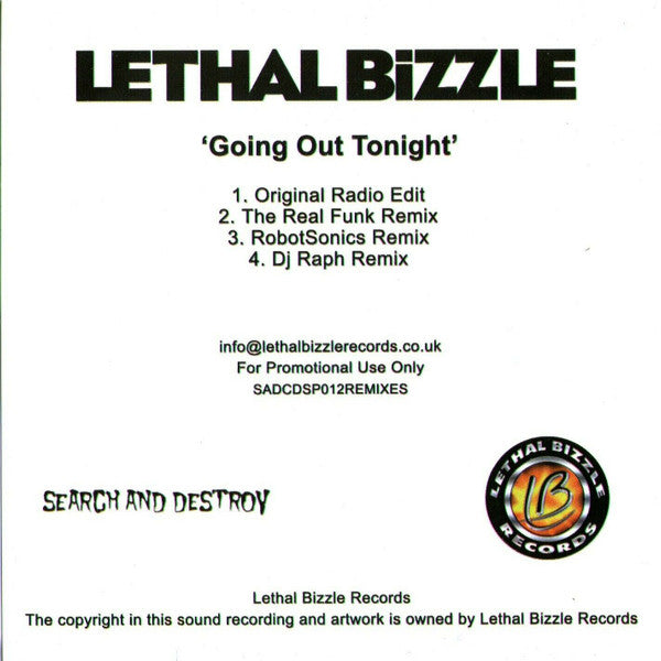 Lethal Bizzle : Going Out Tonight  (CDr, Single, Promo)