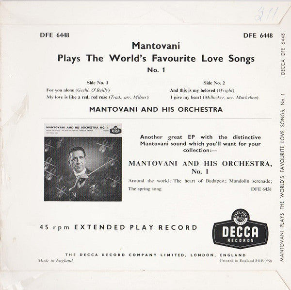 Mantovani And His Orchestra : Mantovani Plays The World's Favourite Love Songs No. 1 (7", EP)