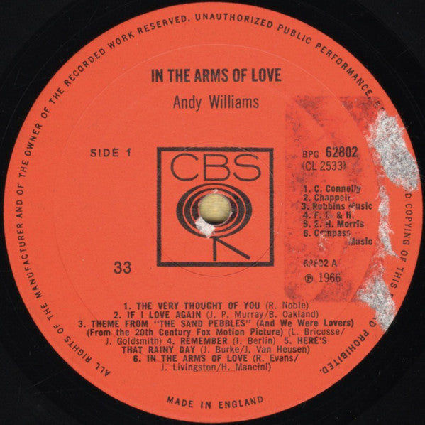 Andy Williams : In The Arms Of Love (LP, Album, Mono)