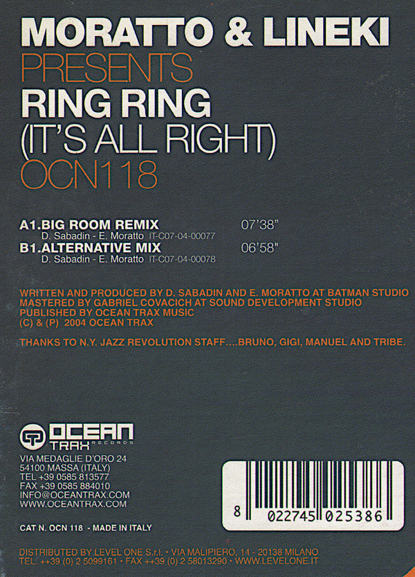 Moratto & Lineki : Ring Ring (It's All Right) (12")