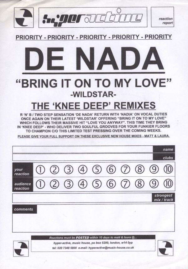 De Nada : Bring It On To My Love (Knee Deep Remixes) (12", W/Lbl)