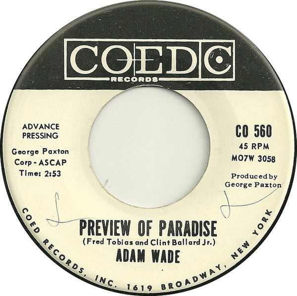 Adam Wade (2) : Preview Of Paradise (7", Single, Promo)