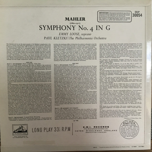 Gustav Mahler / Emmy Loose / Paul Kletzki / Philharmonia Orchestra : Symphony No. 4 In G (LP, RE)