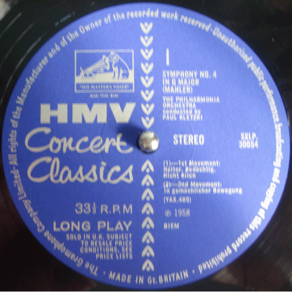 Gustav Mahler / Emmy Loose / Paul Kletzki / Philharmonia Orchestra : Symphony No. 4 In G (LP, RE)