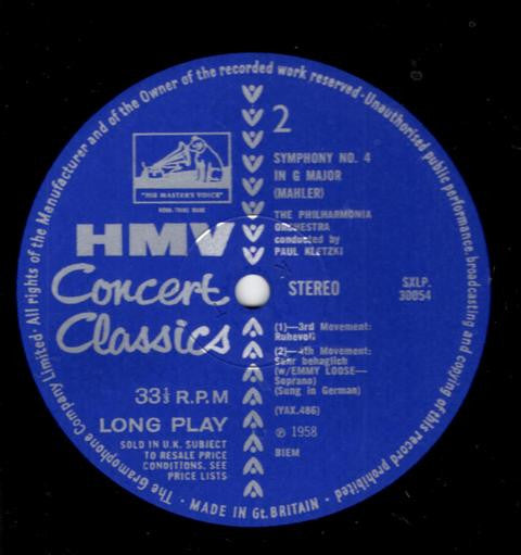 Gustav Mahler / Emmy Loose / Paul Kletzki / Philharmonia Orchestra : Symphony No. 4 In G (LP, RE)