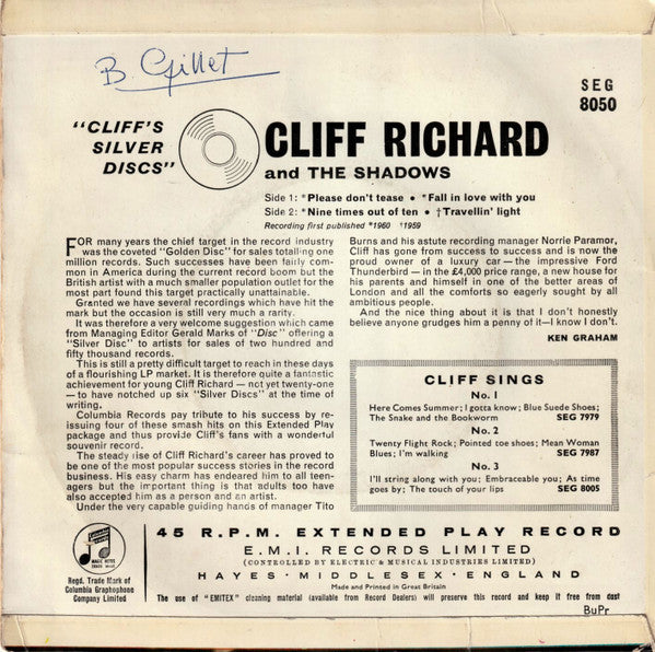 Cliff Richard & The Shadows : Cliff's Silver Discs (7", EP, Mono)