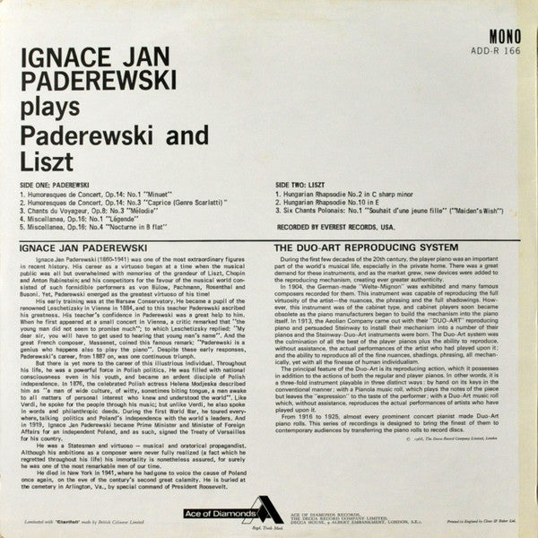 Ignacy Jan Paderewski : Plays Paderewski And Liszt (LP, Mono)