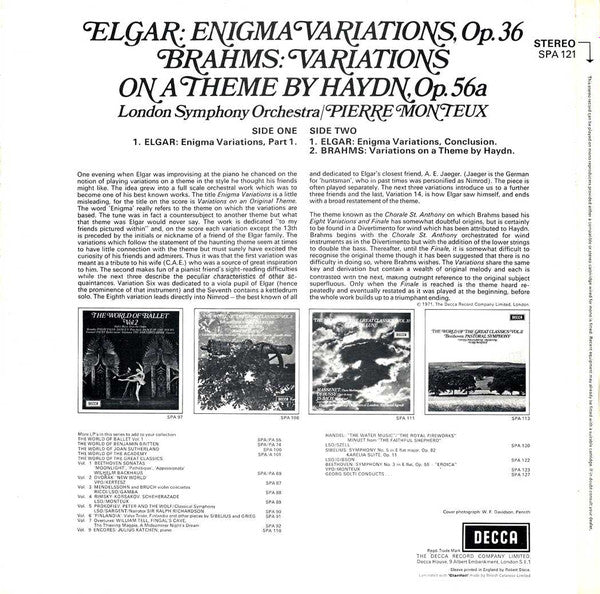 Sir Edward Elgar / Johannes Brahms ; London Symphony Orchestra, Pierre Monteux : Enigma Variations / Variations On A Theme By Haydn (LP, RE)