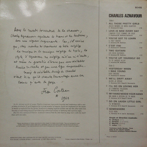 Charles Aznavour : Aznavour Sings Aznavour (LP, Comp)