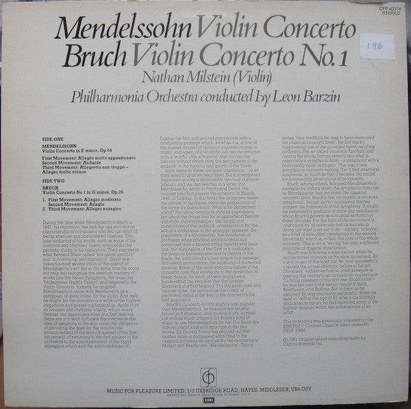 Felix Mendelssohn-Bartholdy - Max Bruch - Nathan Milstein, Philharmonia Orchestra, Leon Barzin : Concerto In E Minor, Concerto No.1 In G Minor (LP)