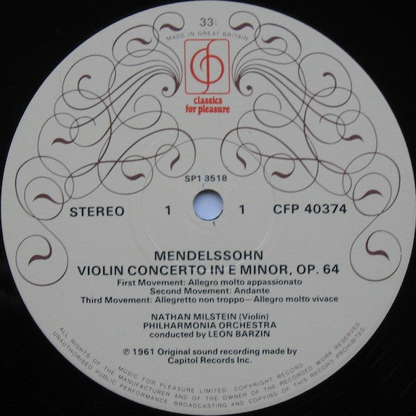 Felix Mendelssohn-Bartholdy - Max Bruch - Nathan Milstein, Philharmonia Orchestra, Leon Barzin : Concerto In E Minor, Concerto No.1 In G Minor (LP)