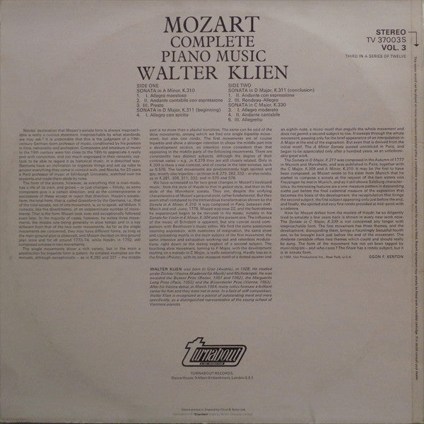 Wolfgang Amadeus Mozart, Walter Klien : Complete Piano Music Vol. 3 (LP)