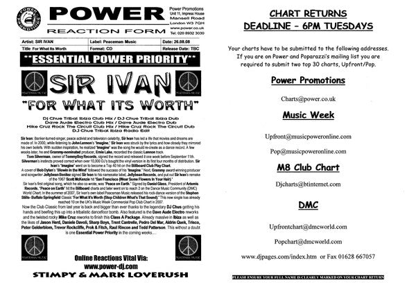Sir Ivan : For What It's Worth (CDr, Single, Promo)