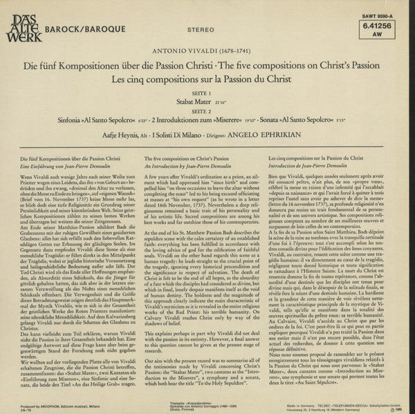 Antonio Vivaldi : Die Fünf Kompositionen Über Die Passion Christi (LP, Album, RE)