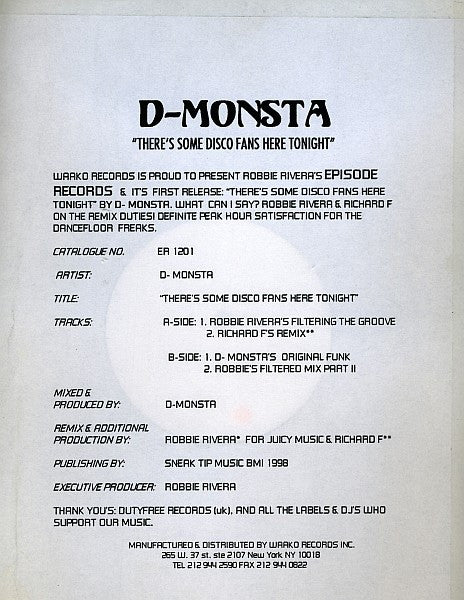 D-Monsta : There's Some Disco Fans In Here Tonight (12", W/Lbl)