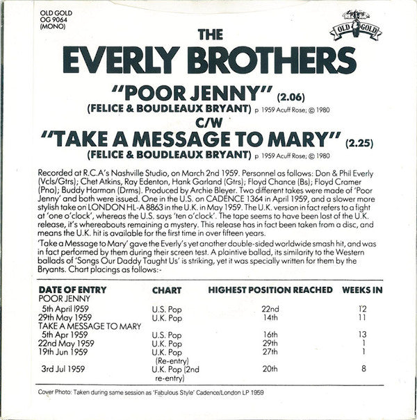 Everly Brothers : Poor Jenny / Take A Message To Mary (7", Mono)