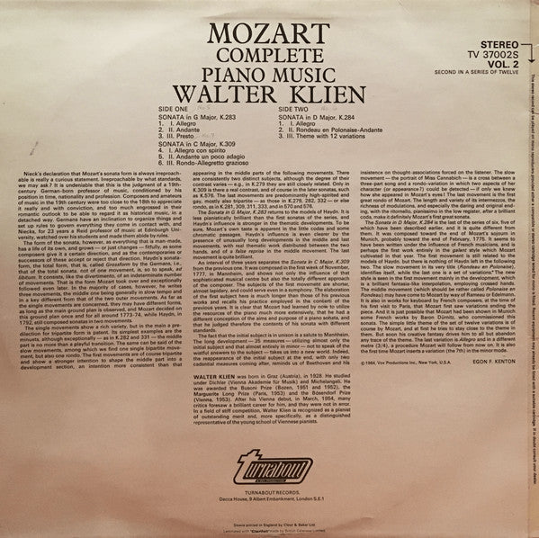 Wolfgang Amadeus Mozart, Walter Klien : Complete Piano Music Vol. 2 (LP)