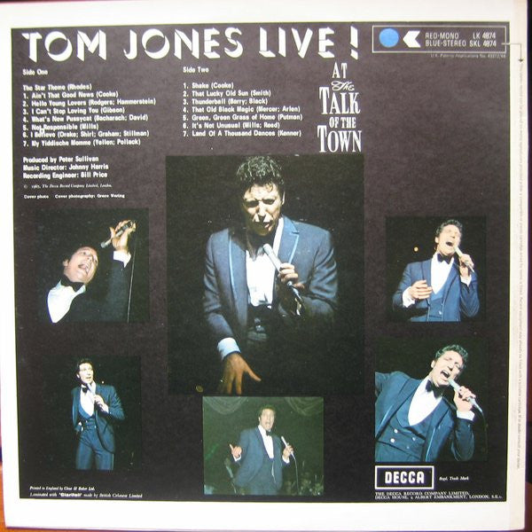 Tom Jones : Tom Jones Live! At The Talk Of The Town (LP, Album, RP)