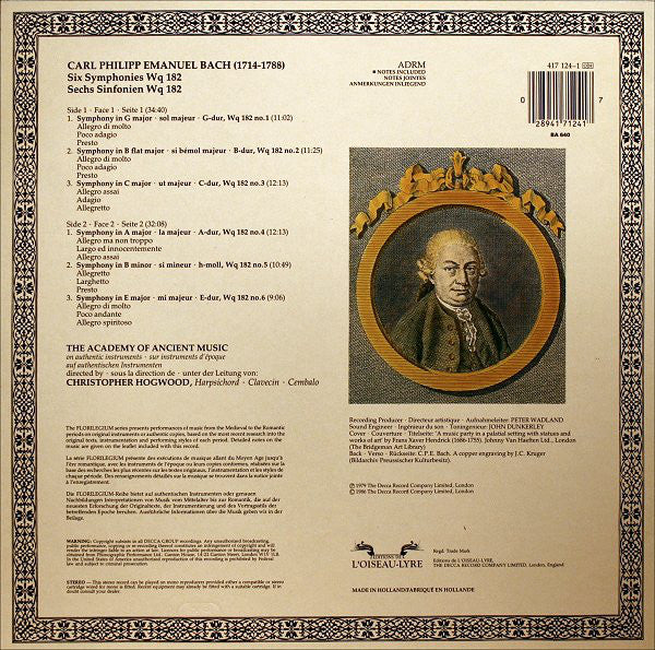 Carl Philipp Emanuel Bach - The Academy Of Ancient Music, Christopher Hogwood : 6 Symphonies, Wq. 182 (LP, Album, RE, RM)