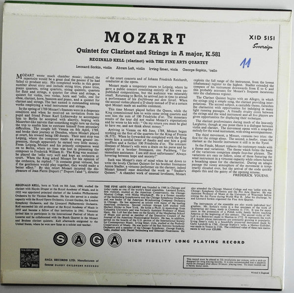 Wolfgang Amadeus Mozart, The Fine Arts Quartet And Reginald Kell : Quintet For Clarinet And Strings In A Major, K. 581 (LP, Mono)