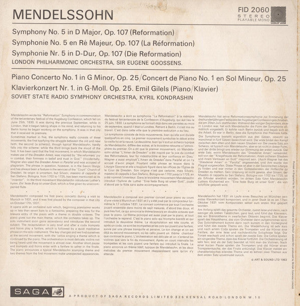 Felix Mendelssohn-Bartholdy, London Philharmonic Orchestra, Sir Eugene Goossens, Emil Gilels, Большой Симфонический Оркестр Всесоюзного Радио, Kiril Kondrashin : Reformation Symphony - Piano Concerto No. 1 / Klavierkonzert Nr. 1 (LP)