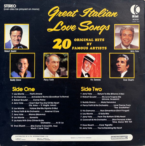 Various : Great Italian Love Songs (LP, Comp)