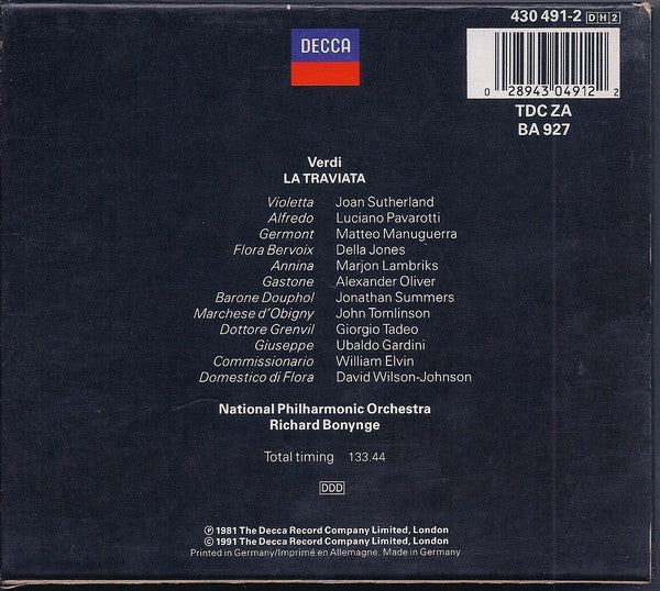 Giuseppe Verdi, Joan Sutherland, Luciano Pavarotti, Matteo Manuguerra, National Philharmonic Orchestra, Richard Bonynge : La Traviata (2xCD + Box, RE)